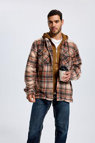 Image of TanBridge Men's Cotton Plaid Shirts Jacket Full Zip Fleece Flannel Sherpa Lined Hoodies Heavyweight Hoodies Jacket for Men