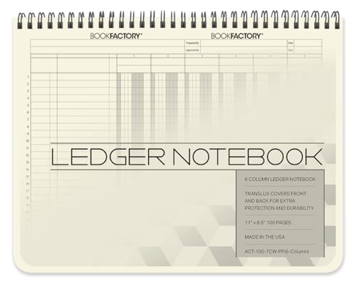 BookFactory Accounting Ledger Notebook/ 6 Column Accounting Ledger Columnar (Six Columns) Log Book - 11" x 8.5", 100 Pages, Wire-O Landscape Format (ACT-100-7CW-PP(6-Column)-AX)