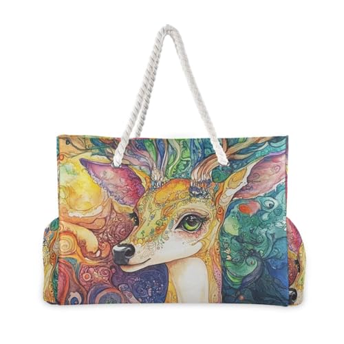 Boho Colorful Deer Sturdy Tote Bag Travel with side pocketes Carry On Bag for Travel Gym Vacation2