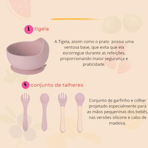 Kit Alimentação Bebê - 8 peças, Prato + Bowl (Ventosa), Babador, Copo + Tampa com Canudo Silicone pr