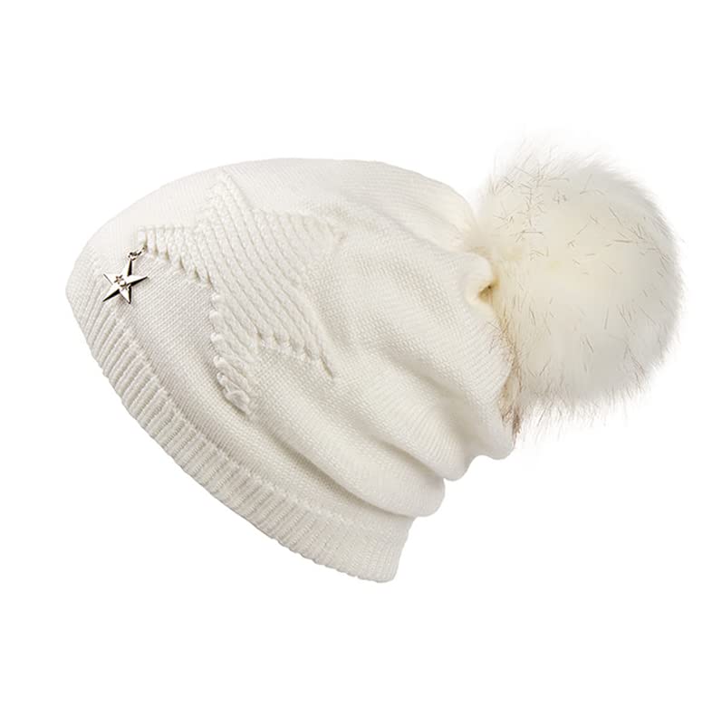LEMITA Sombrero de invierno cálido para mujer, con forro de piel de cinco puntas, sombrero de punto de estrella de cinco puntas, sombrero de pompones para mujer, gorros suaves