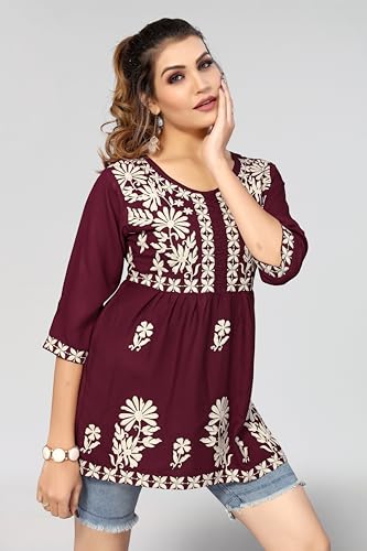 Image of Winza Designer Rayon Chikankari Embroidered Short Kurti | Plus Size Kurta Tunic Top