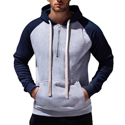 Color Block Hoodies for Men Quarter Zip Casual Slim Fit Drawstring Hooded Sweatshirts with Pockets Patchwork Pullover
