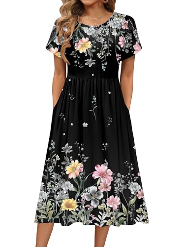 Image of HOTOUCH Women's Summer A-Line Midi Dresses 2026 Casual Floral Short Sleeve T-Shirt Dress Flowy Beach Sundress with Pockets
