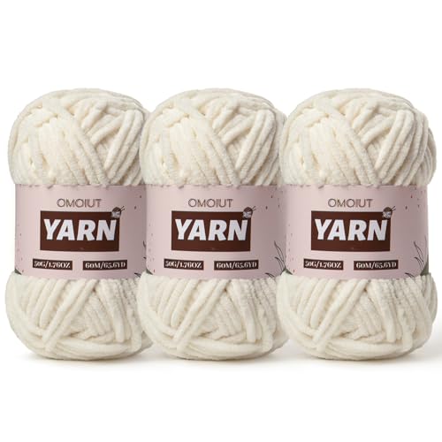 Image of 3 Packs Plush Chenille Chunky Crochet Yarn - Baby Yarn for Crocheting Soft - Velvet Yarns Knitting for Blankets Crafts - Fluffy Amigurumi Yarns 150g / 196.8yds (3 White)