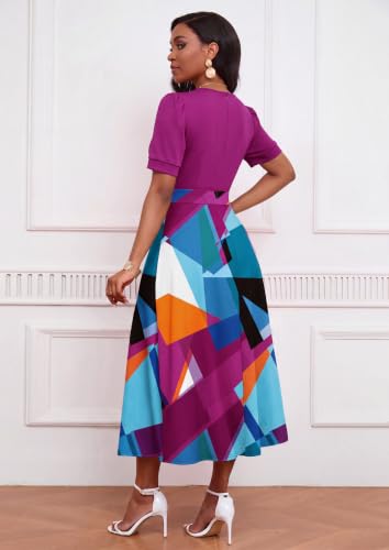 Image of MarryUP Women's Midi Dresses - V Neck Cocktail & Church Tea Dresses - Short Sleeve A-Line Swing Dress