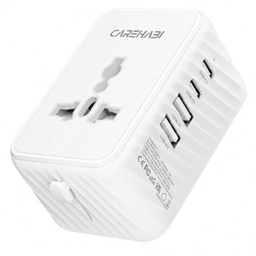 CAREHABI Adaptador Enchufe Universal, 5 en 1 Internacional Enchufe con 2 USB C & 2 USB A Puertos, Universal AC Toma para 200+ Países, Portátil Viaje Cargador para Europa, UK, USA, Crucero