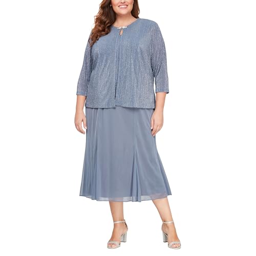 Alex Evenings Women's Tea Length Mother of The Bride Jacket Dress, Formal Events, Wedding Guest (Plus Size), Steel Glitter, 16W