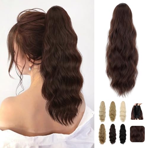 Wodelanle Ponytail Extension, 20 Inch Drawstring Ponytail Extension Long Brown Wavy Pony Tails Hair Extensions Synthetic Clip in Fake Ponytail Hairpiece for Women(Medium Brown)
