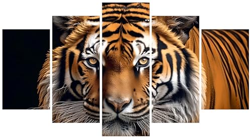 Peinture diamant tigre 5 panneaux WEEPEF 250x150cm pour décoration salon