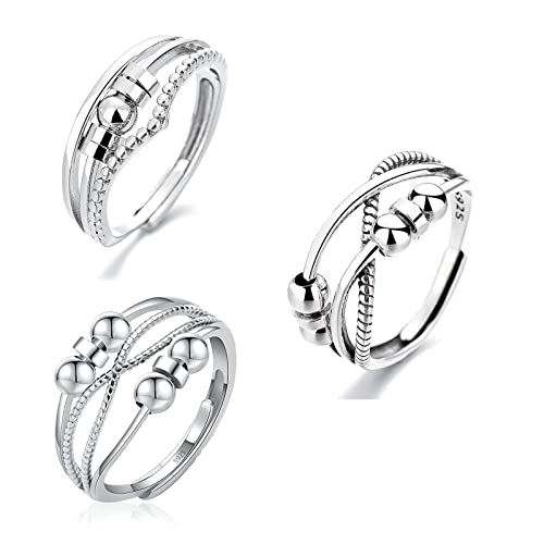 FVIZAL 3pc Silver Ring Spinner,Adjustable Open Beaded Anxiety Ring,Birthday Party Gift for Women Girls Men JLJZ03HZHUK