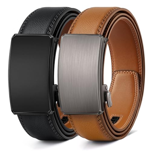 BULLIANT Men's 2-Pack Ratchet Leather Belt Trimmable 1 3/8"-Gift Boxed
