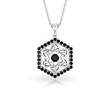 Art Deco 0,34 Karat schwarzer Onyx Sechseck-Anhänger, massiver 14 Karat Gold gravierter Blumen-Anhänger für Frauen, Brauthochzeit, Blumenketten, Geschenke für Mutter, 10K Weißes Gold Mit Kette