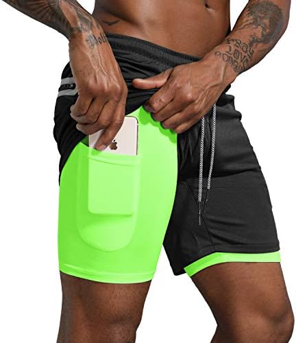 Leidowei Men's 2 in 1 Workout Running Shorts Lightweight Training Yoga Gym 7" Short with Zipper Pockets Black Fluorescent M