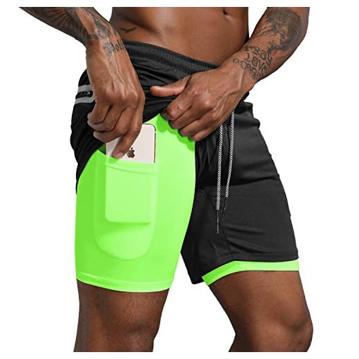 Leidowei Men's 2 in 1 Workout Running Shorts Lightweight Training Yoga Gym 7" Short with Zipper Pockets Black Fluorescent M