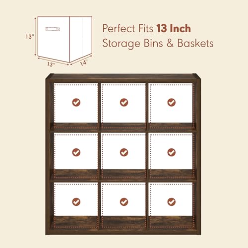 Image of Furinno Cubicle Record Player Stand, 9-Cube Record Storage, Amber Pine | Vinyl Storage, 1.2 inchInch Extra Thick, Open Back Media Shelf for CD DVD Bluray Game Disc, for Living Room, Home Office