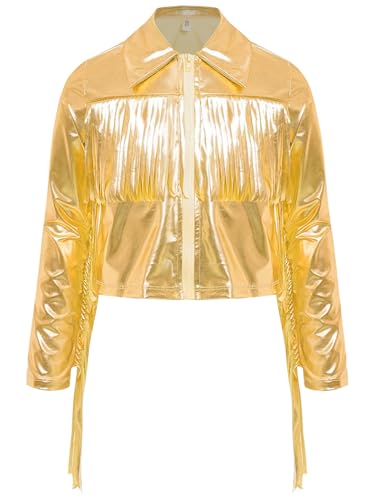Kids Girls Sparkly Sequin Tassel Bomber Jacket Long Sleeve Zipper Fringe Coat Outerwear for Stage Performance3