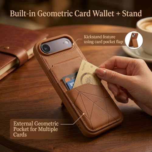 Image of amazon basics Premium Vegan Leather Back Cover with Card Holder and Integrated Mobile Stand for iPhone 17 Air - Slim Shockproof Wallet Case with Geometric Stitching [Tan]