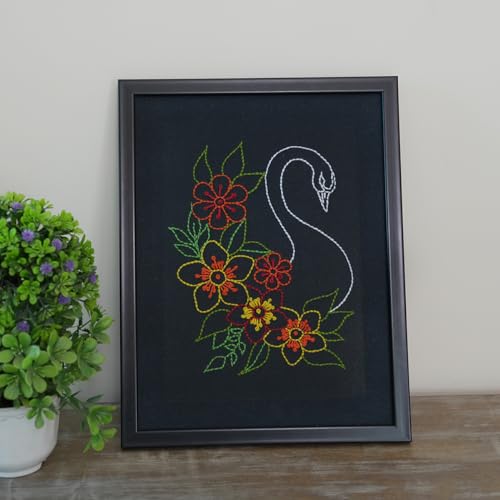 Image of picknMAKE Hand Cross Stitch Embroidery Kits for Beginners Adults with Cloth Fabric, Framed Swan on Black Pattern to do Embroidery with Instruction and All Material Included