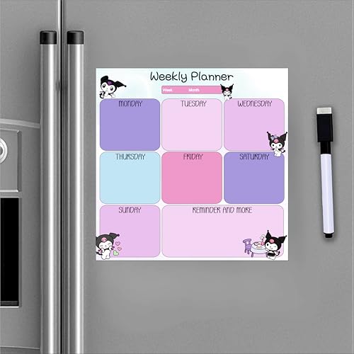 Image of Zesta Vinyl Magnetic Planner for Fridge | Cute Weekly Planner /Meal Planner with Marker | Rewritable Magnetic White Board for Fridge (Kuromi 11X11 Inches)