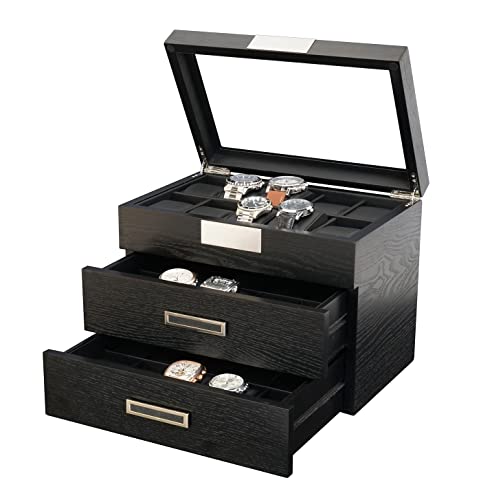 Timelybuys 30 Black Ebony Wood Watch Extra Height Clearance Box Display Case 3 Level Storage Jewelry Organizer With Glass Top, Stainless Steel Accents, And 2 Drawers #TOP5