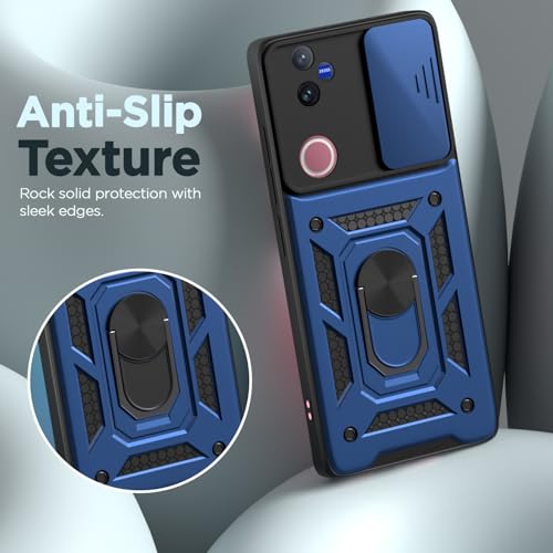 Image of Outlouders Back Cover for Vivo V50 5G | D10 Tough Armor 360 Protection Case with Sliding Camera Shield & Ring Holder Stand Bumper Case (Blue)