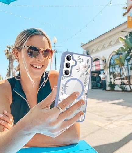 Image of VONZEE Compatible with Samsung Galaxy S25 Plus 5G Case Luxury Retro Flowers Floral for Magnetic Wireless Charging Clear Case Shockproof PC+TPU Cute Glossy Shiny Cover for Girls Women,Official Blue