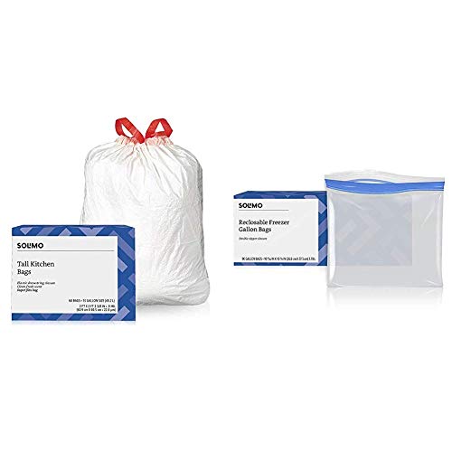 Amazon Brand - Solimo Super Flex Tall Kitchen Trash Bags, Clean Fresh Scent, 13 Gallon, 68 Count & Solimo Freezer Gallon Bags, 90 Count