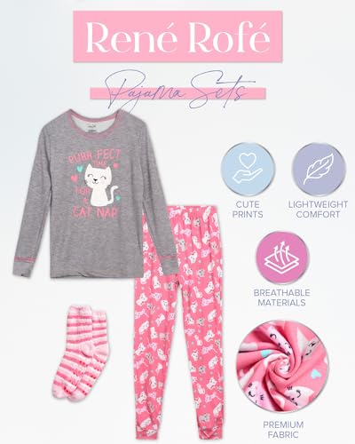 Rene Rofe Girls’ Pajama Set – Long Sleeve Shirt, Fleece Pajama Pants, Slippers/Socks: Kittens, Unicorns, Owls, Llama (6-12)2