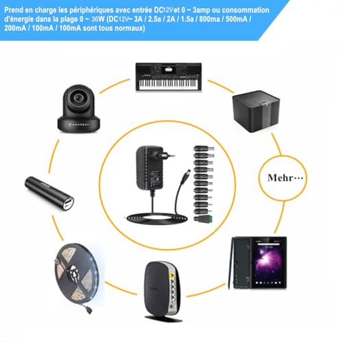 DC12V 3A Chargeur d'adaptateur Secteur avec 11 DC Plug AC à DC 12V 3amp 2.5a 2a 1.5a 1a transformateur de Conversion d'adaptateur Secteur pour LED Bande Lumineuse Clavier de caméra GPS Webcam routeur – vue 6