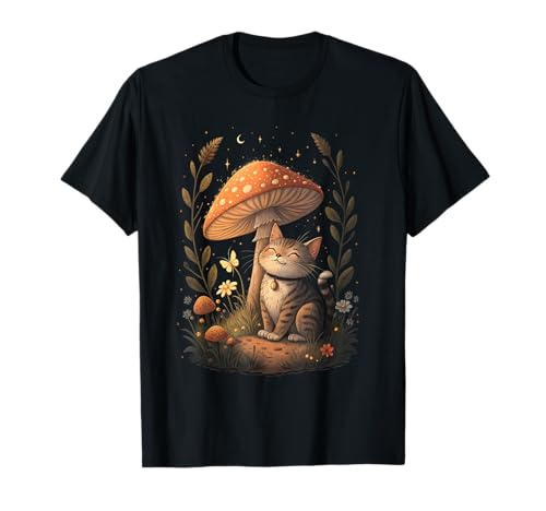 Cozy Cat Relajante Retro Champiñón Lindo Estético Cottagecore Camiseta
