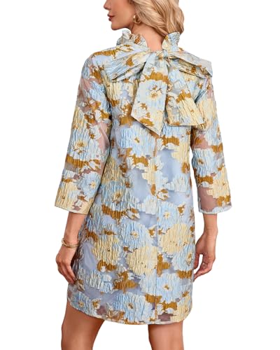 Women's Floral Jacquard Shift Dress Mini 3/4 Sleeve Ruffle Collar Bow Tie Elegant Cocktail Party Sheer Mesh Dresses