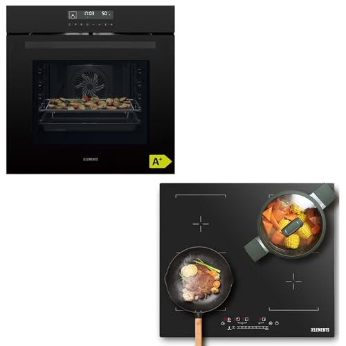 Juego de cocina autosuficiente, horno empotrable de 60 cm, función Air Fry, placa de inducción de 59 cm, resistente a los arañazos con dos zonas flexibles, parrilla, aire caliente, Aqua Clean, 14