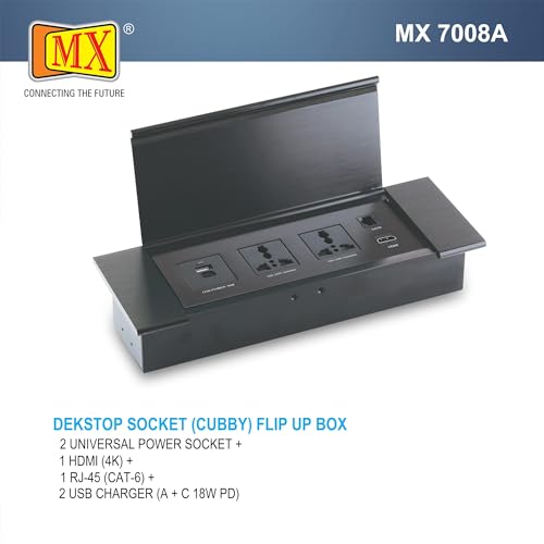 Image of MX Premium Power Console 16A | 6 Universal Sockets + 2 USB Ports | Removable Desk Clamp | Master Switch | Desktop Socket with 3AC + USB-A /C + HDMI + LAN (Black)