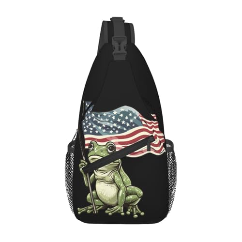 Frog Holding American Flag Sling Backpack Unisex Crossbody Chest Bag Shoulder Chest Bag For Women Men Hiking Travel