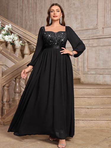 Image of MISSMAY Women's Plus Size Sequin Lace Square V Neck Sheer Long Sleeves Formal Evening Chiffon Long Dress