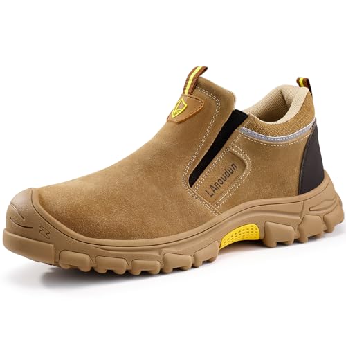 GLANOUDUN Steel Toe Shoes for Men Slip on Welding Boots Indestructible Mid-Cut Work Boots for Men Safety Toe Work Shoes Comfortable Safety Footwear for Welder Brown