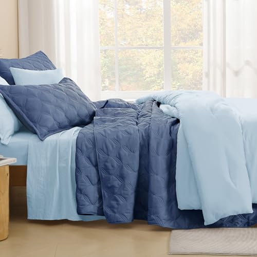 Image of Litanika King Size Quilt Bedding Set, Ocean Blue Summer Lightweight Soft Comforter Bedspreads & Coverlets, Boho Farmhouse Bedding Cover Bed Decor All Season, 3 Pieces (1 Quilt & 2 Pillowcases)