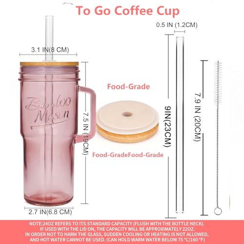 ANOTION Colored Glass Cups with Handle Set of 4, 24oz Glass Cups with Lids and Straws Travel Coffee Mug Bamboo Mason Jar Iced Cup Smoothie Tea Clear Cute Water Drinking Jars Glasses by ANOTION - Image 2
