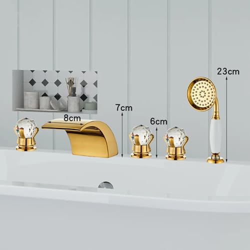 Robinet mitigeur de bain-douche 5 trous cascade dorée avec douchette à main - 3