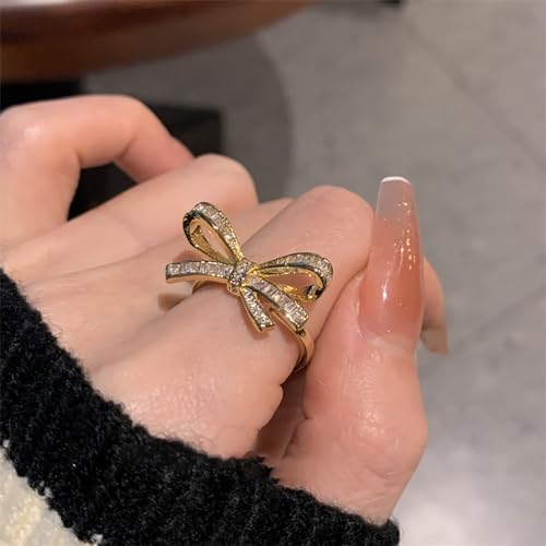 Gold Rhinestone Bow Knuckle Ring,Cute Shiny Multi Row Cubic Zirconia Statement Ring,Silver Shiny Engagement Wedding Band Jewelry Gift2