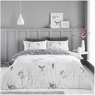 FAIRWAYUK Hummingbird Bedding Set - King Size Duvet Covers with Pillowcase, Reversible Poly Cotton Grey Quilt Cover, 3 Piece Ultra Soft Bed Linen Set, 230x220cm