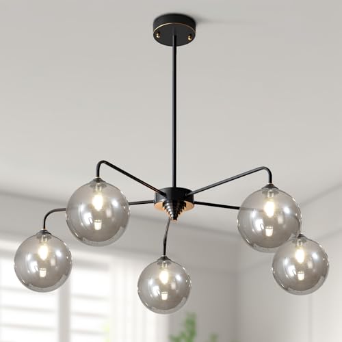 Image of Mid Century Modern Chandelier Smoky Gray Clear Glass Globe Ceiling Light Fixture 5 Light Black Sputnik Chandelier for Kitchen Dining Room Bedroom