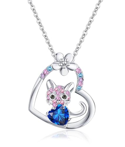 Kids Cat Birthstone Necklace Gifts for Girls- Kitty Cats Pendant Jewelry Birthday Gifts for Lovers Little Kids Girls Daughter Granddaughter Women