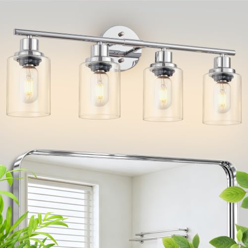 Image of 4-Light Bathroom Light Fixtures, Modern Chrome Vanity Lights for Bathroom with Clear Glass Shade, Wall Lamps for Mirror Hallway Kitchen Cabinet Living Room Sconces Lights