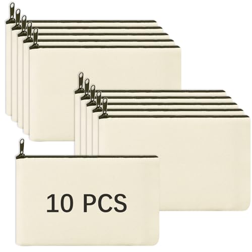 OKBA Pacote com 10 sacos de maquiagem de sublimação em branco, bolsa de maquiagem de lona, sacolas de poliéster para artesanato faça você mesmo, bolsa de cosméticos multiuso a granel 18 x 12 cm, bege