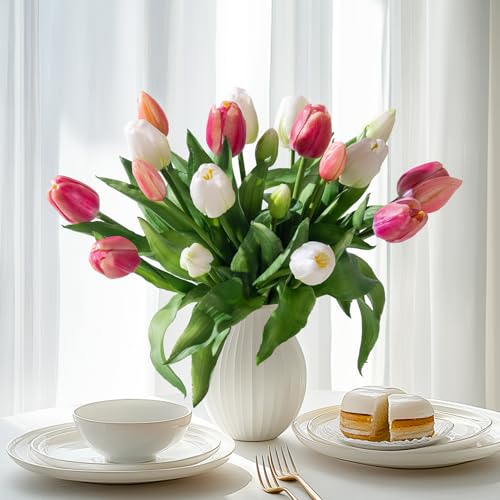 Bailikang 20PCS Fake Tulips Artificial Tulip Silk Flowers Fake PU Bouquet Artificial Flowers Faux Flowers with Gift Box Soft Faux Tulips Bouquets Arrangements for Party Wedding Home
