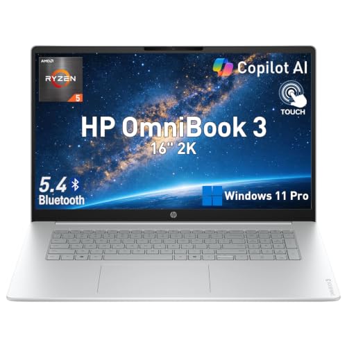 Image of HP OmniBook 3 16 inch 2K IPS Touchscreen Laptop, AMD Ryzen 5 40 CPU, 256GB SSD | Advanced AI Noise Reduction, Numeric Keypad, Microsoft Copilot Key, Webcam w / Shutter, Windows 11 Pro, Glacier Silver