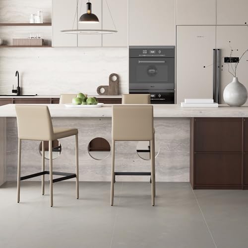 Image of YOUNIKE 26 inch H Counter Height Bar Stool with Back Single Faux Leather Modern Barstool Upholstered Comfy Bar Chair for Kitchen Breakfast Island, No Assembly, Fully Wrapped Metal Legs Khaki