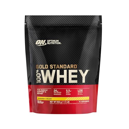 Optimum Nutrition Gold Standard 100% Whey para apoyo y reparación muscular, proteína baja en azúcar y rica en Glutamina y BCAA naturales, sabor plátano crema, 15 porciones, 450 g